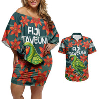 Fiji Taveuni Parrot Couples Matching Off Shoulder Short Dress and Hawaiian Shirt Tropical Waterfall Landscape With Floral Tribal Pattern TS04 Green Orange - Polynesian Pride