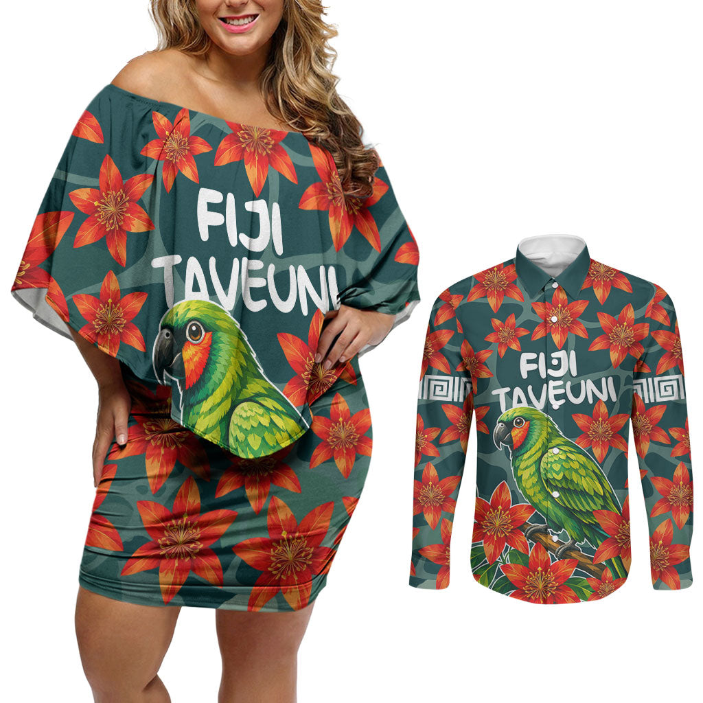 Fiji Taveuni Parrot Couples Matching Off Shoulder Short Dress and Long Sleeve Button Shirt Tropical Waterfall Landscape With Floral Tribal Pattern TS04 Green Orange - Polynesian Pride