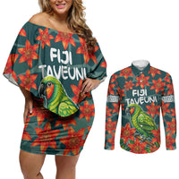 Fiji Taveuni Parrot Couples Matching Off Shoulder Short Dress and Long Sleeve Button Shirt Tropical Waterfall Landscape With Floral Tribal Pattern TS04 Green Orange - Polynesian Pride