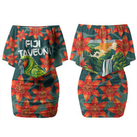 Fiji Taveuni Parrot Couples Matching Off Shoulder Short Dress and Long Sleeve Button Shirt Tropical Waterfall Landscape With Floral Tribal Pattern TS04 - Polynesian Pride