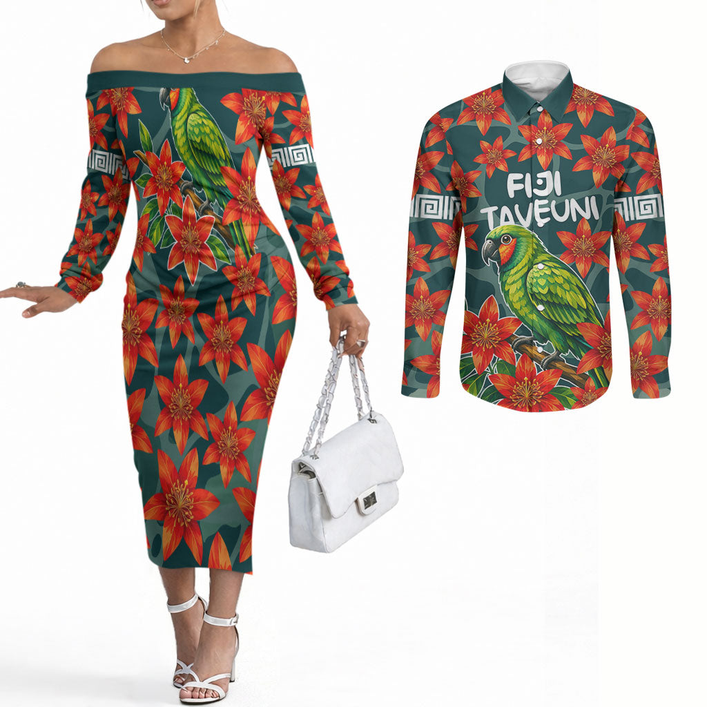Fiji Taveuni Parrot Couples Matching Off The Shoulder Long Sleeve Dress and Long Sleeve Button Shirt Tropical Waterfall Landscape With Floral Tribal Pattern TS04 Green Orange - Polynesian Pride