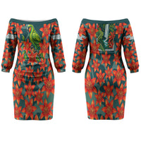 Fiji Taveuni Parrot Couples Matching Off The Shoulder Long Sleeve Dress and Long Sleeve Button Shirt Tropical Waterfall Landscape With Floral Tribal Pattern TS04 - Polynesian Pride