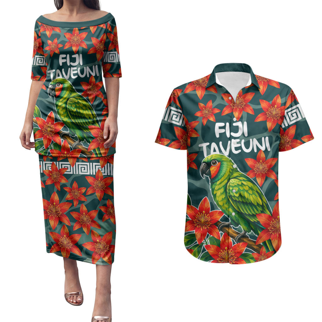 Fiji Taveuni Parrot Couples Matching Puletasi and Hawaiian Shirt Tropical Waterfall Landscape With Floral Tribal Pattern TS04 Green Orange - Polynesian Pride