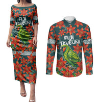 Fiji Taveuni Parrot Couples Matching Puletasi and Long Sleeve Button Shirt Tropical Waterfall Landscape With Floral Tribal Pattern TS04 Green Orange - Polynesian Pride