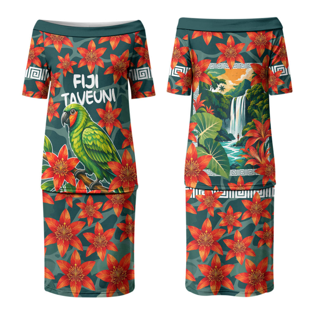 Fiji Taveuni Parrot Couples Matching Puletasi and Long Sleeve Button Shirt Tropical Waterfall Landscape With Floral Tribal Pattern TS04 - Polynesian Pride