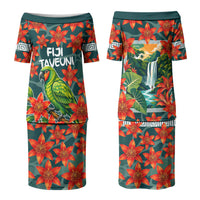 Fiji Taveuni Parrot Couples Matching Puletasi and Long Sleeve Button Shirt Tropical Waterfall Landscape With Floral Tribal Pattern TS04 - Polynesian Pride