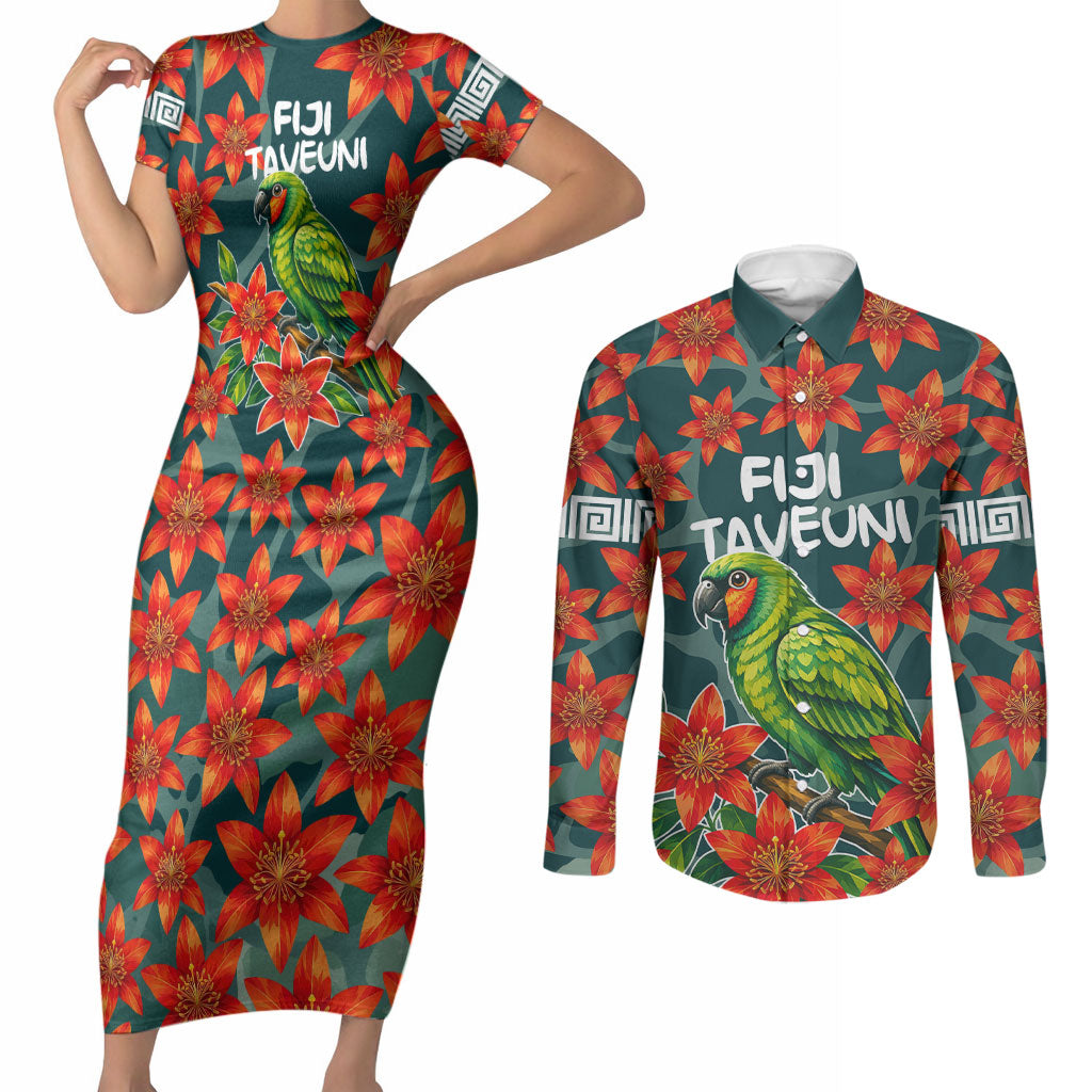 Fiji Taveuni Parrot Couples Matching Short Sleeve Bodycon Dress and Long Sleeve Button Shirt Tropical Waterfall Landscape With Floral Tribal Pattern TS04 Green Orange - Polynesian Pride