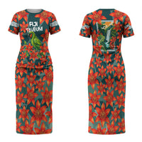 Fiji Taveuni Parrot Couples Matching Short Sleeve Bodycon Dress and Long Sleeve Button Shirt Tropical Waterfall Landscape With Floral Tribal Pattern TS04 - Polynesian Pride