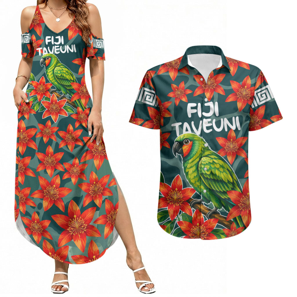Fiji Taveuni Parrot Couples Matching Summer Maxi Dress and Hawaiian Shirt Tropical Waterfall Landscape With Floral Tribal Pattern TS04 Green Orange - Polynesian Pride