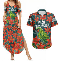 Fiji Taveuni Parrot Couples Matching Summer Maxi Dress and Hawaiian Shirt Tropical Waterfall Landscape With Floral Tribal Pattern TS04 Green Orange - Polynesian Pride