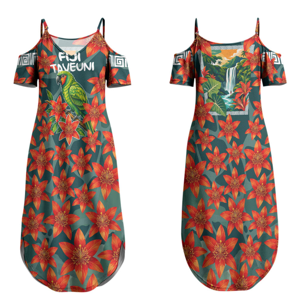 Fiji Taveuni Parrot Couples Matching Summer Maxi Dress and Hawaiian Shirt Tropical Waterfall Landscape With Floral Tribal Pattern TS04 - Polynesian Pride