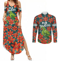 Fiji Taveuni Parrot Couples Matching Summer Maxi Dress and Long Sleeve Button Shirt Tropical Waterfall Landscape With Floral Tribal Pattern TS04 Green Orange - Polynesian Pride