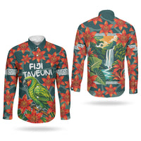Fiji Taveuni Parrot Couples Matching Summer Maxi Dress and Long Sleeve Button Shirt Tropical Waterfall Landscape With Floral Tribal Pattern TS04 - Polynesian Pride
