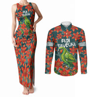 Fiji Taveuni Parrot Couples Matching Tank Maxi Dress and Long Sleeve Button Shirt Tropical Waterfall Landscape With Floral Tribal Pattern TS04 Green Orange - Polynesian Pride