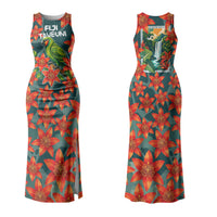 Fiji Taveuni Parrot Couples Matching Tank Maxi Dress and Long Sleeve Button Shirt Tropical Waterfall Landscape With Floral Tribal Pattern TS04 - Polynesian Pride