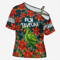 Fiji Taveuni Parrot Cross Shoulder Shirt Tropical Waterfall Landscape With Floral Tribal Pattern TS04 Female Green Orange - Polynesian Pride