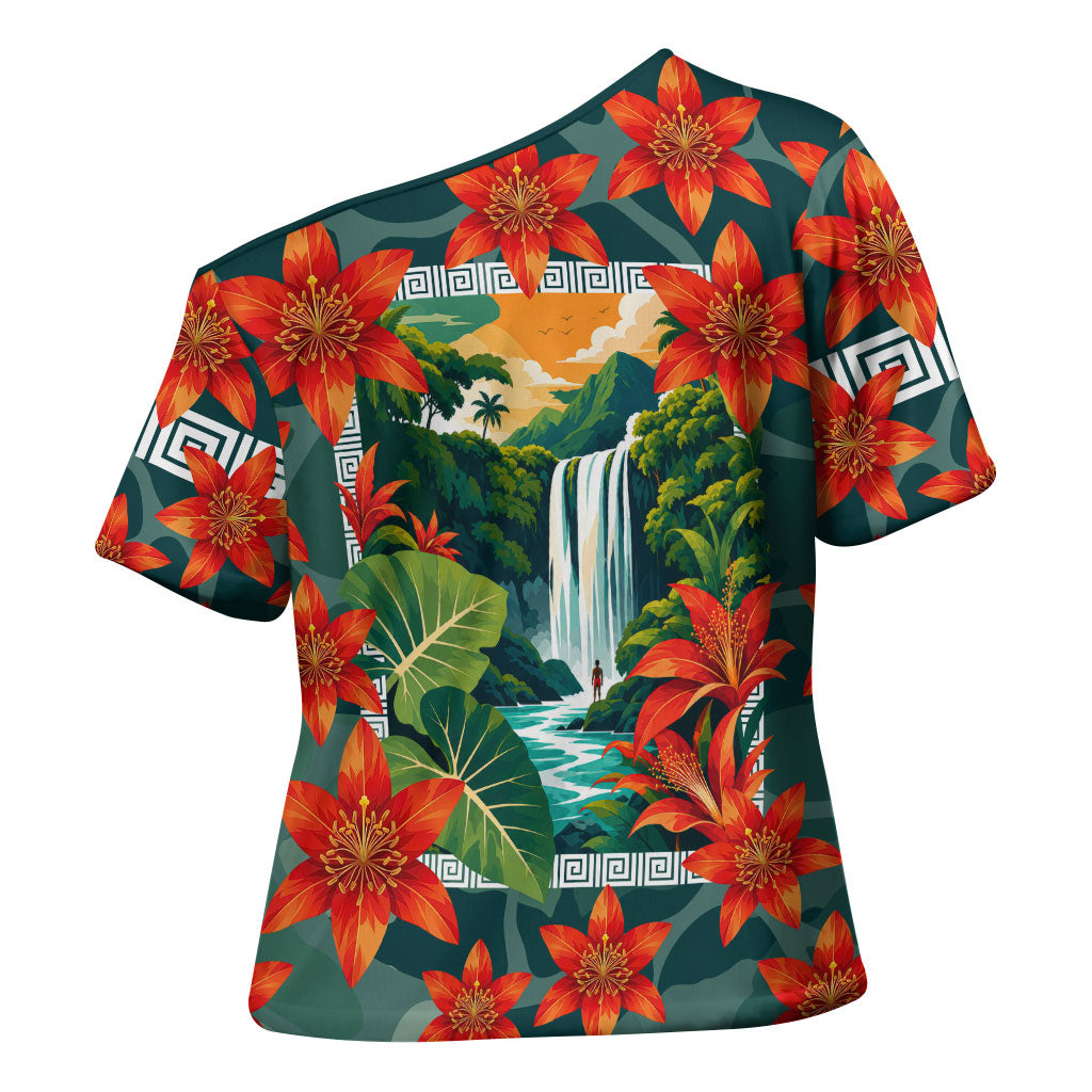Fiji Taveuni Parrot Cross Shoulder Shirt Tropical Waterfall Landscape With Floral Tribal Pattern TS04 - Polynesian Pride