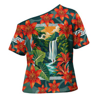 Fiji Taveuni Parrot Cross Shoulder Shirt Tropical Waterfall Landscape With Floral Tribal Pattern TS04 - Polynesian Pride