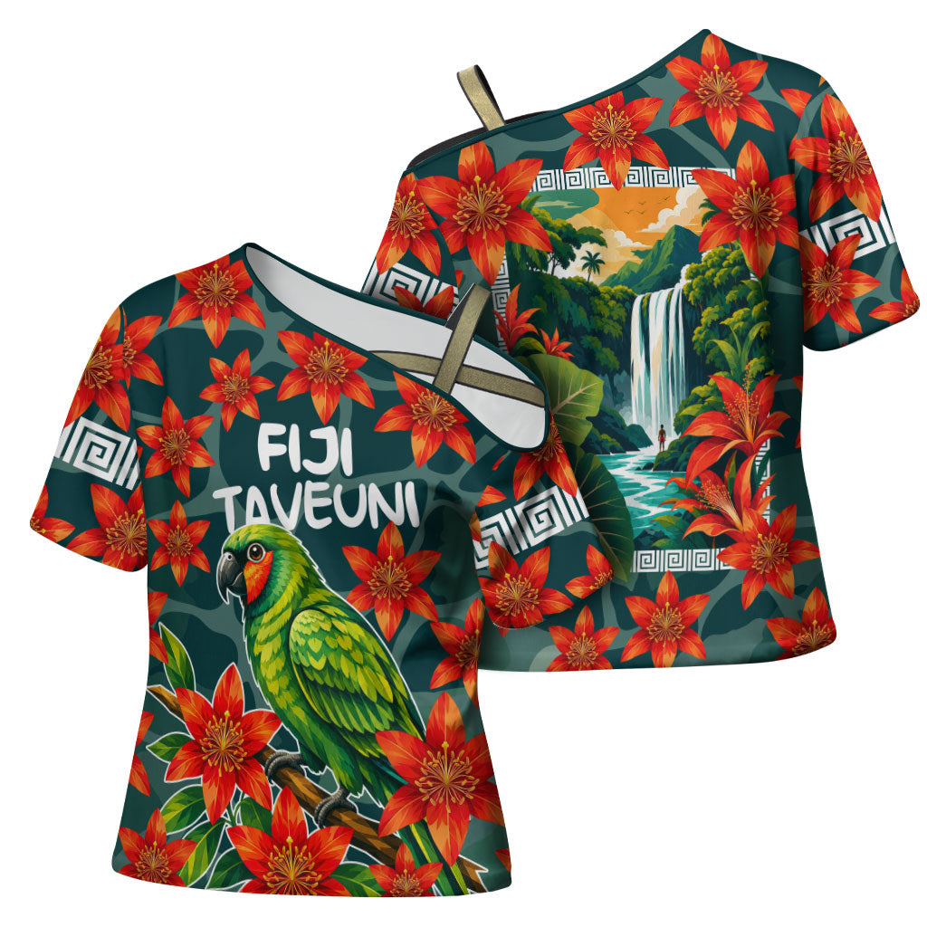 Fiji Taveuni Parrot Cross Shoulder Shirt Tropical Waterfall Landscape With Floral Tribal Pattern TS04 - Polynesian Pride