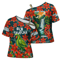 Fiji Taveuni Parrot Cross Shoulder Shirt Tropical Waterfall Landscape With Floral Tribal Pattern TS04 - Polynesian Pride