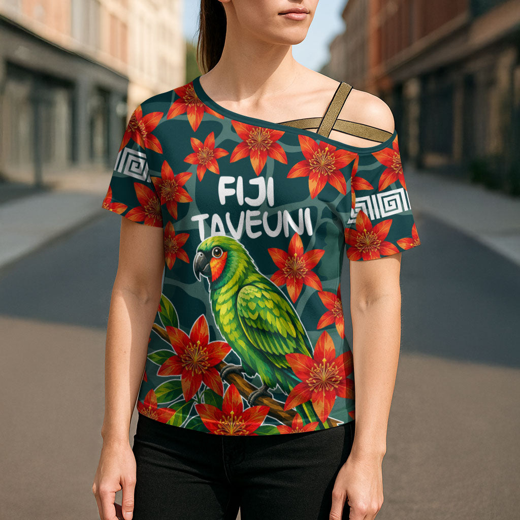 Fiji Taveuni Parrot Cross Shoulder Shirt Tropical Waterfall Landscape With Floral Tribal Pattern TS04 - Polynesian Pride