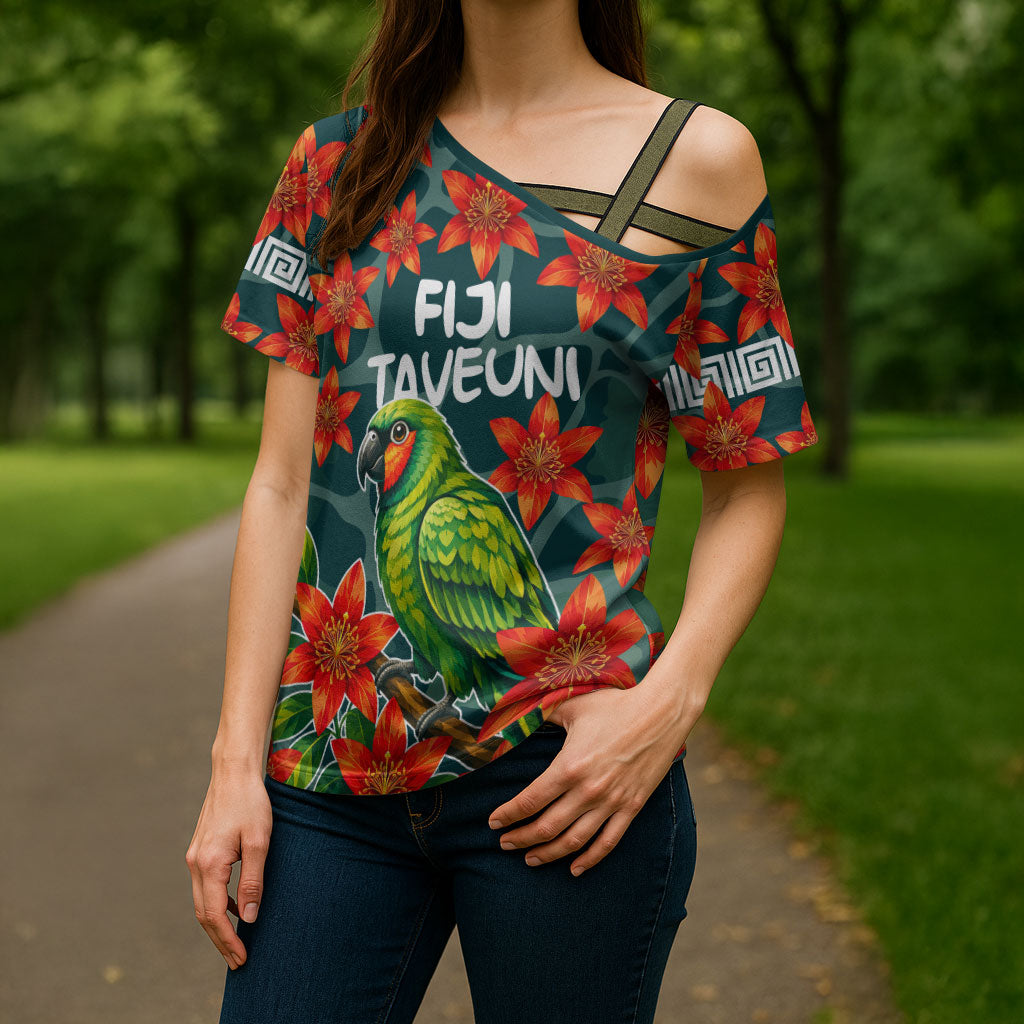 Fiji Taveuni Parrot Cross Shoulder Shirt Tropical Waterfall Landscape With Floral Tribal Pattern TS04 - Polynesian Pride