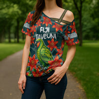 Fiji Taveuni Parrot Cross Shoulder Shirt Tropical Waterfall Landscape With Floral Tribal Pattern TS04 - Polynesian Pride