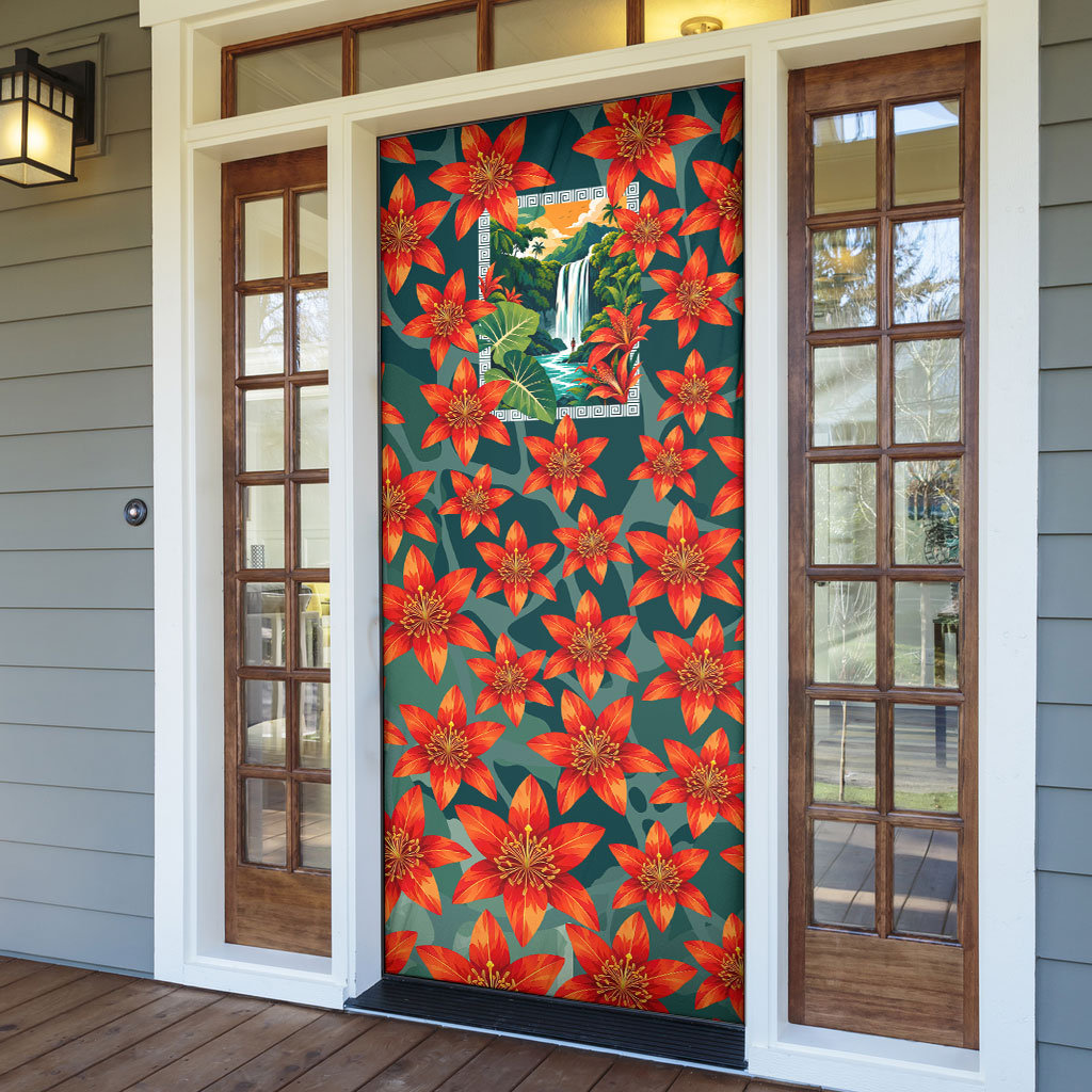 Fiji Taveuni Parrot Door Cover Tropical Waterfall Landscape With Floral Tribal Pattern TS04 - Polynesian Pride