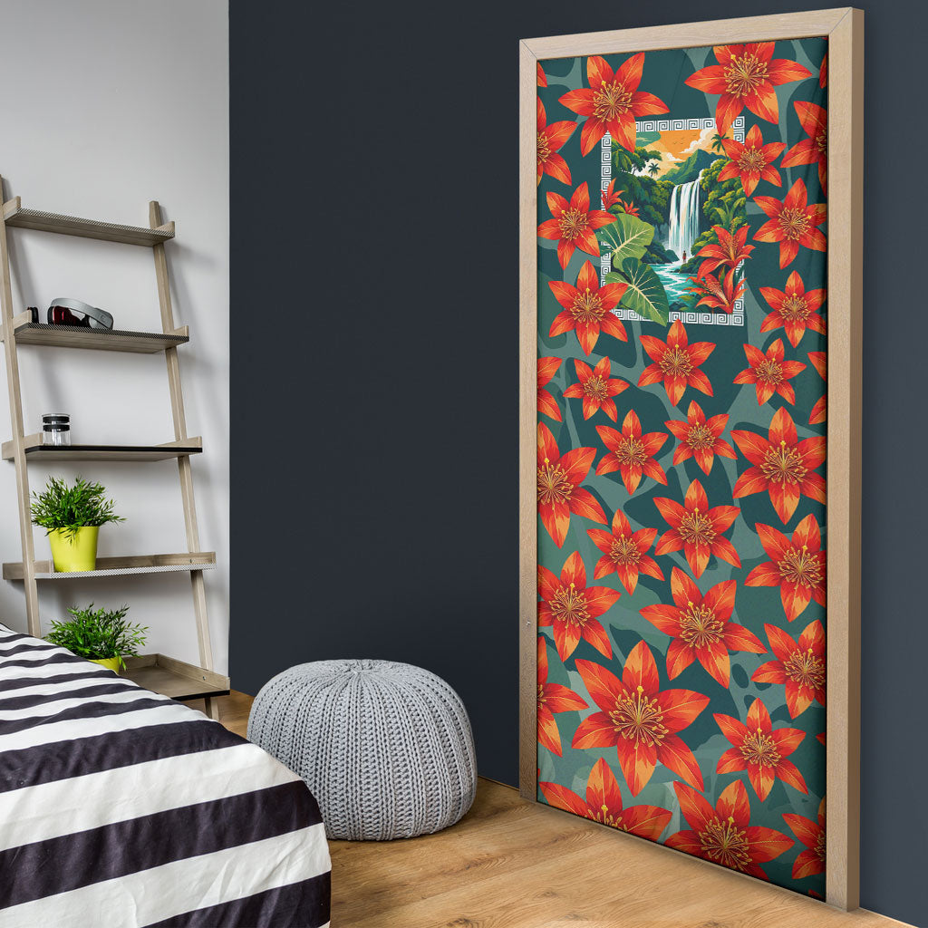 Fiji Taveuni Parrot Door Cover Tropical Waterfall Landscape With Floral Tribal Pattern TS04 - Polynesian Pride