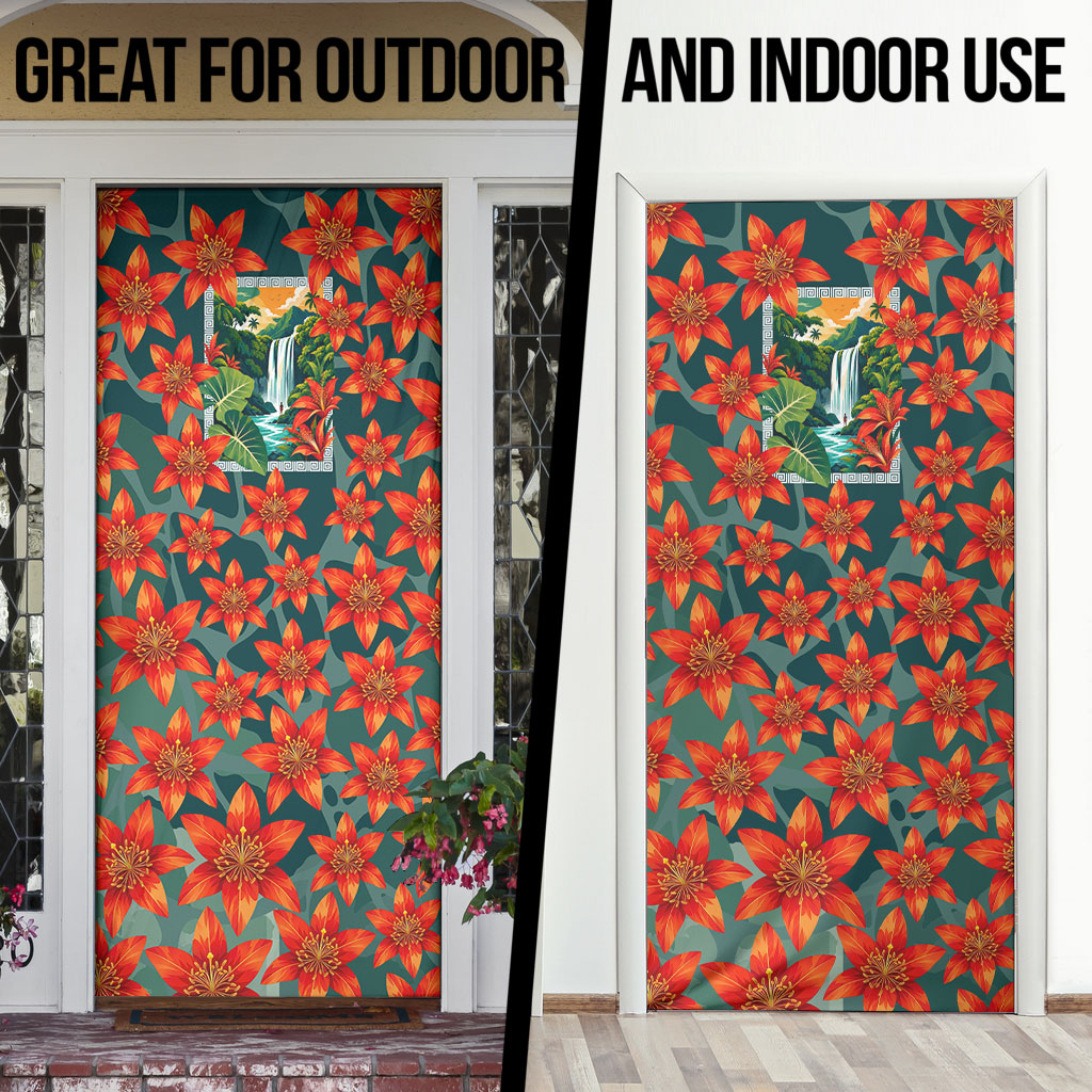 Fiji Taveuni Parrot Door Cover Tropical Waterfall Landscape With Floral Tribal Pattern TS04 - Polynesian Pride