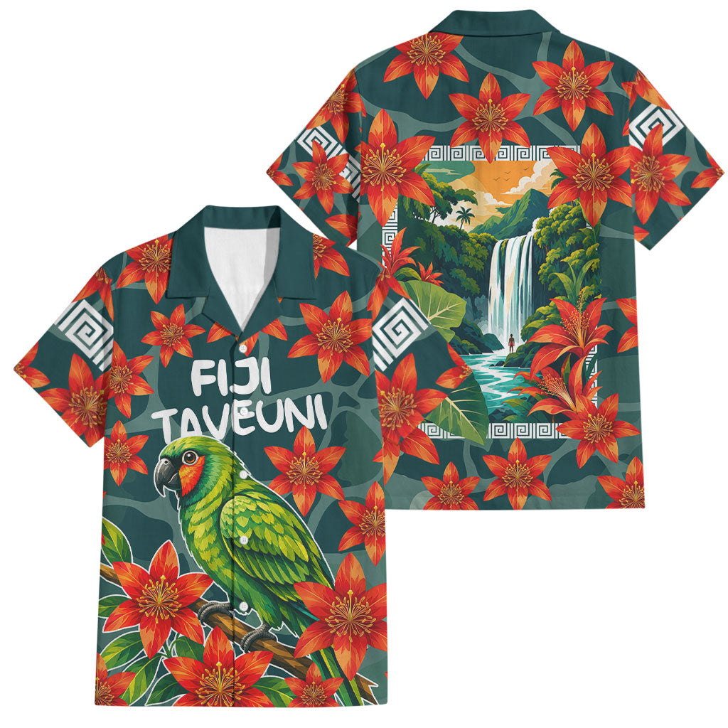 Fiji Taveuni Parrot Family Matching Mermaid Dress and Hawaiian Shirt Tropical Waterfall Landscape With Floral Tribal Pattern TS04 Dad's Shirt - Short Sleeve Green Orange - Polynesian Pride