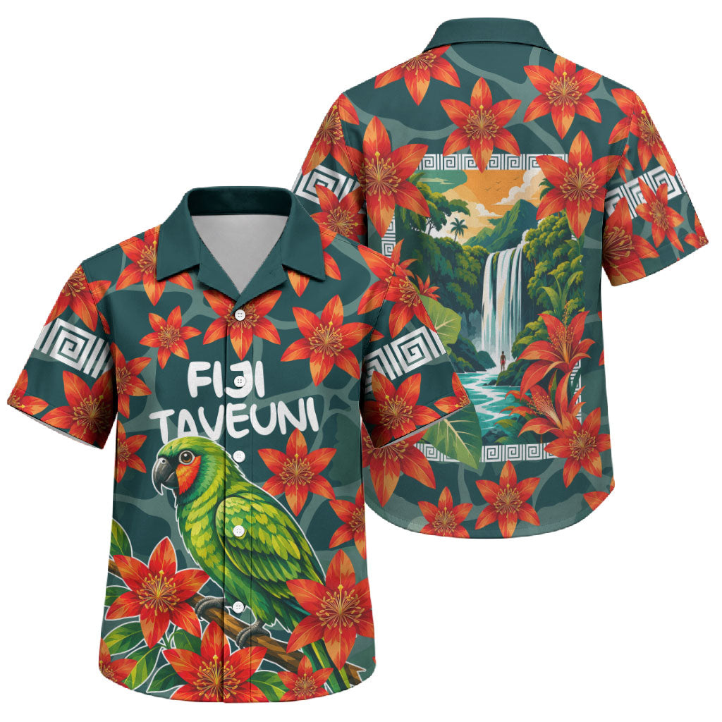 Fiji Taveuni Parrot Family Matching Off Shoulder Maxi Dress and Hawaiian Shirt Tropical Waterfall Landscape With Floral Tribal Pattern TS04 Son's Shirt Green Orange - Polynesian Pride