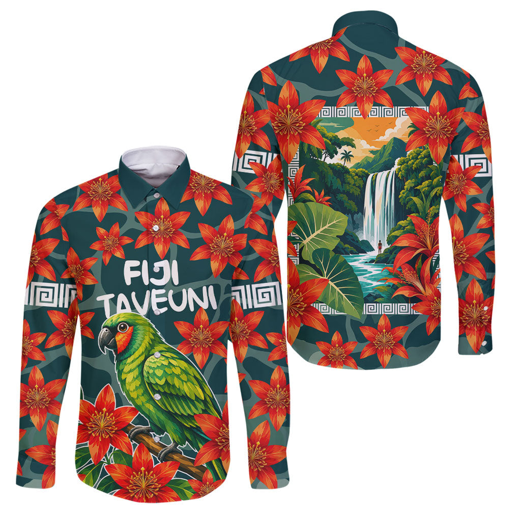 Fiji Taveuni Parrot Family Matching Off Shoulder Short Dress and Hawaiian Shirt Tropical Waterfall Landscape With Floral Tribal Pattern TS04 Dad's Shirt - Long Sleeve Green Orange - Polynesian Pride