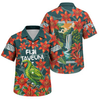 Fiji Taveuni Parrot Family Matching Off Shoulder Short Dress and Hawaiian Shirt Tropical Waterfall Landscape With Floral Tribal Pattern TS04 Son's Shirt Green Orange - Polynesian Pride