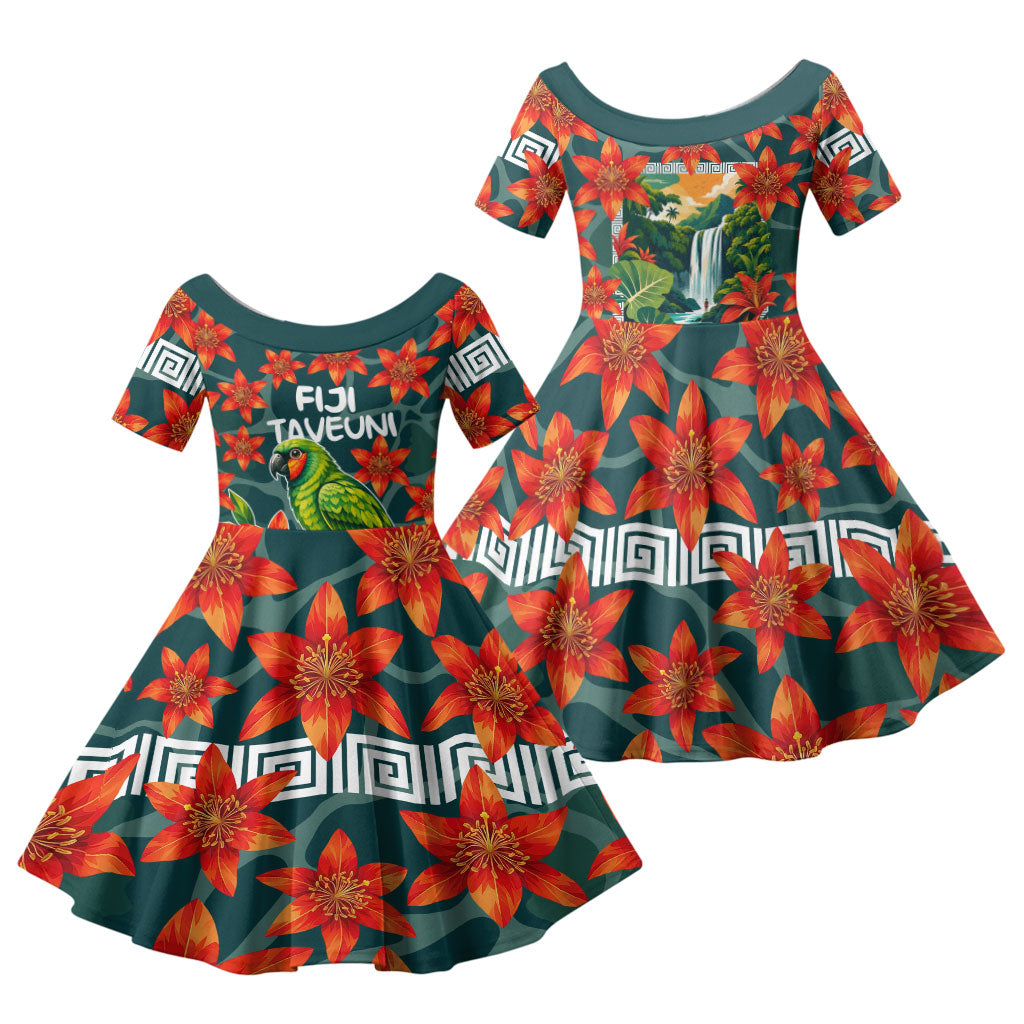 Fiji Taveuni Parrot Family Matching Summer Maxi Dress and Hawaiian Shirt Tropical Waterfall Landscape With Floral Tribal Pattern TS04 Daughter's Dress Green Orange - Polynesian Pride