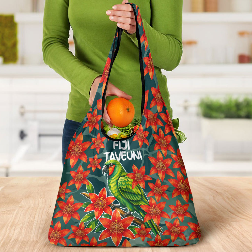Fiji Taveuni Parrot Grocery Bag Tropical Waterfall Landscape With Floral Tribal Pattern TS04 - Polynesian Pride