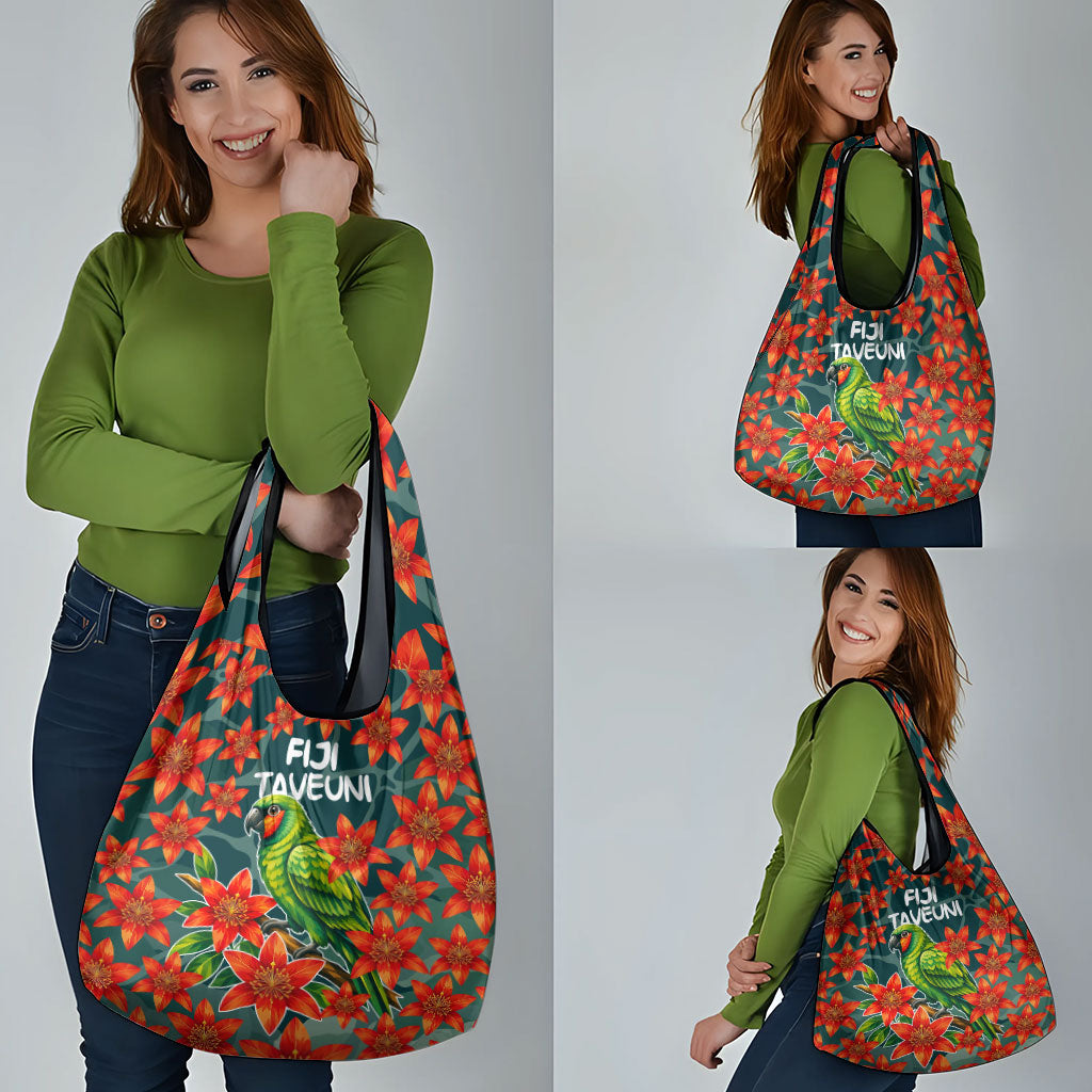 Fiji Taveuni Parrot Grocery Bag Tropical Waterfall Landscape With Floral Tribal Pattern TS04 - Polynesian Pride