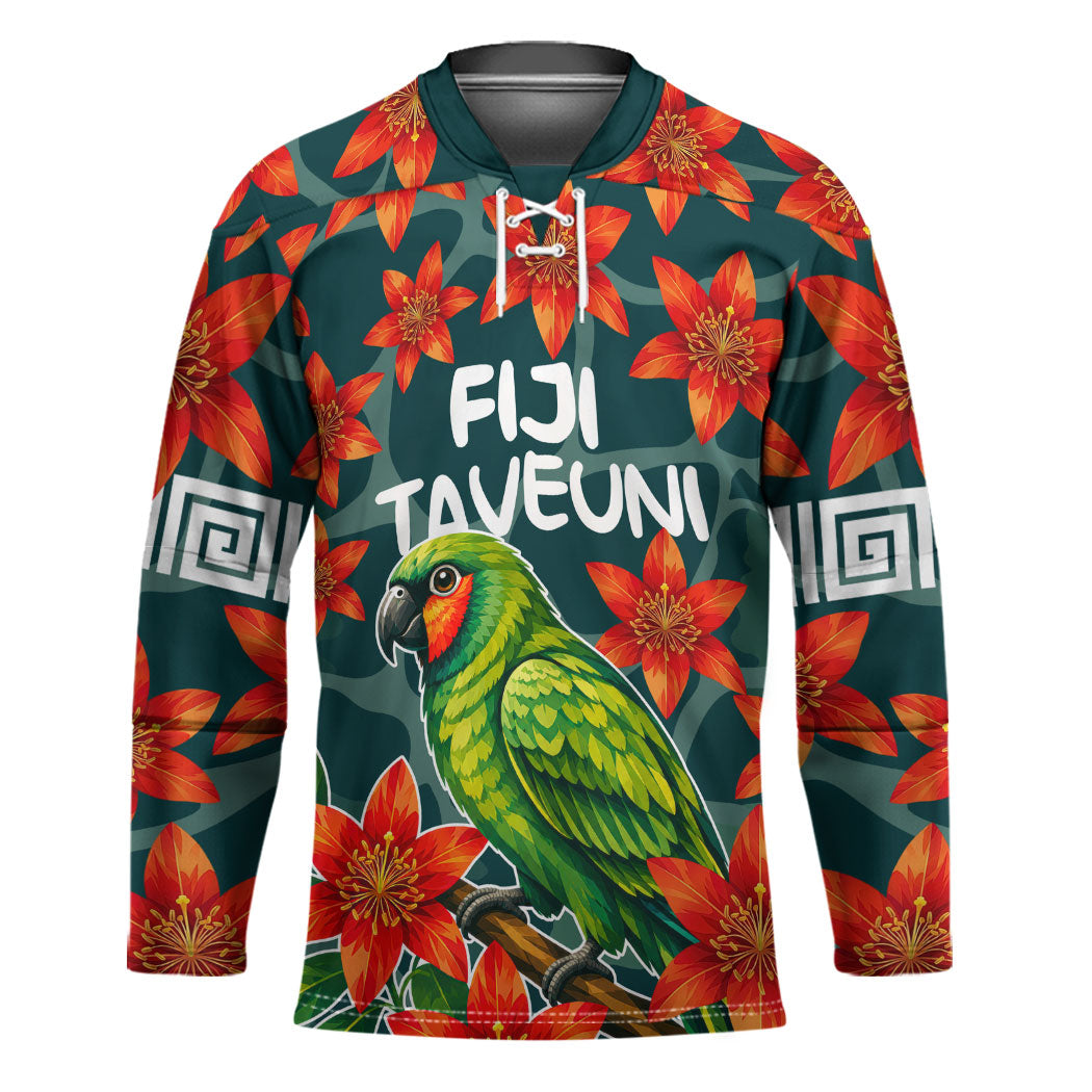Fiji Taveuni Parrot Hockey Jersey Tropical Waterfall Landscape With Floral Tribal Pattern TS04 Unisex Green Orange - Polynesian Pride