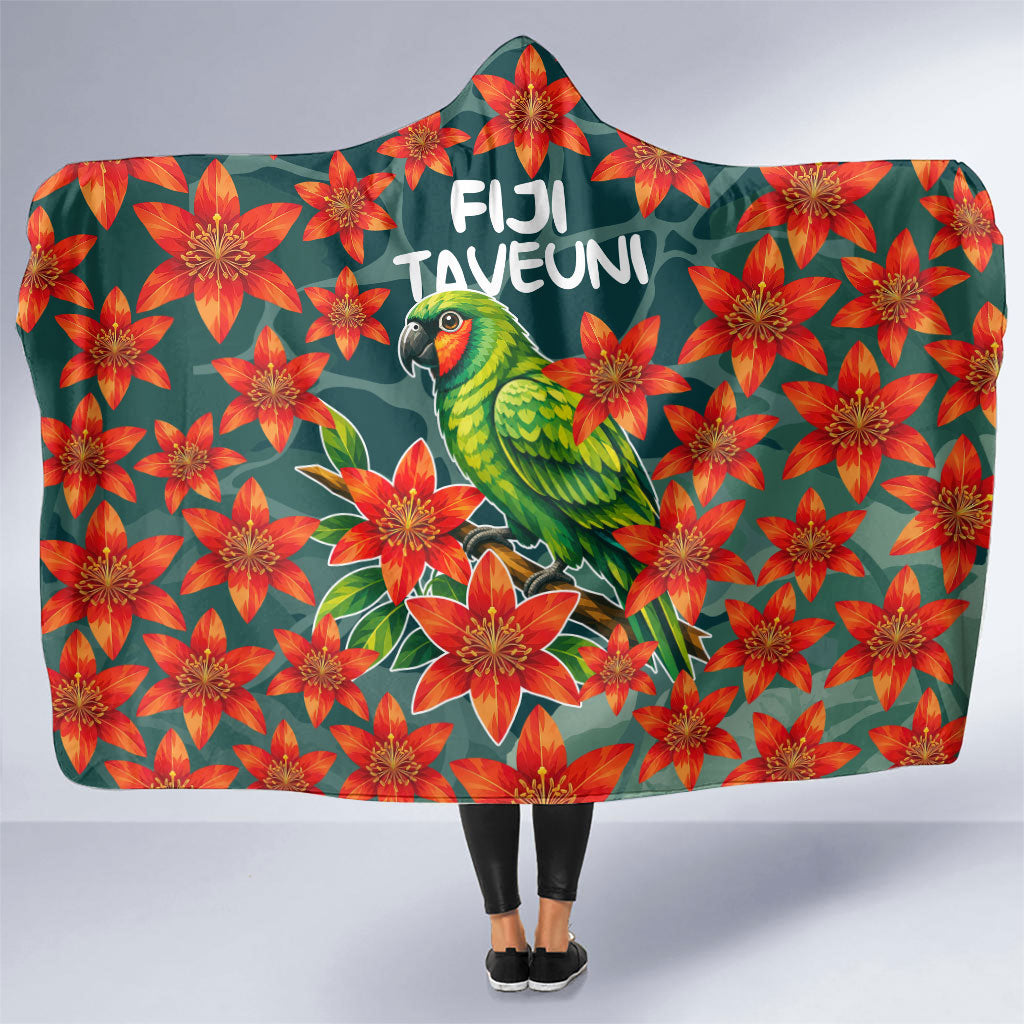 Fiji Taveuni Parrot Hooded Blanket Tropical Waterfall Landscape With Floral Tribal Pattern TS04 One Size Green Orange - Polynesian Pride