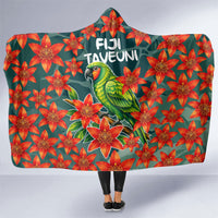 Fiji Taveuni Parrot Hooded Blanket Tropical Waterfall Landscape With Floral Tribal Pattern TS04 One Size Green Orange - Polynesian Pride