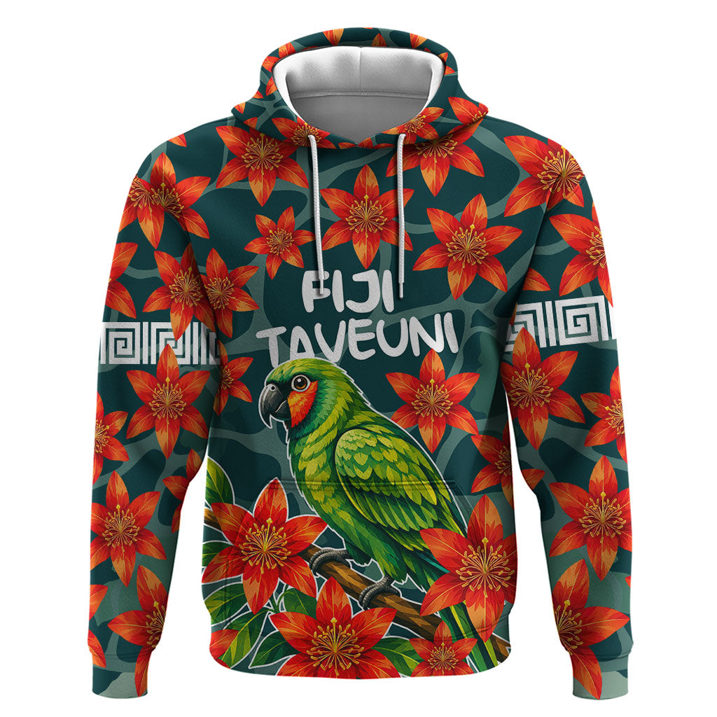 Fiji Taveuni Parrot Hoodie Tropical Waterfall Landscape With Floral Tribal Pattern TS04 Pullover Hoodie Green Orange - Polynesian Pride