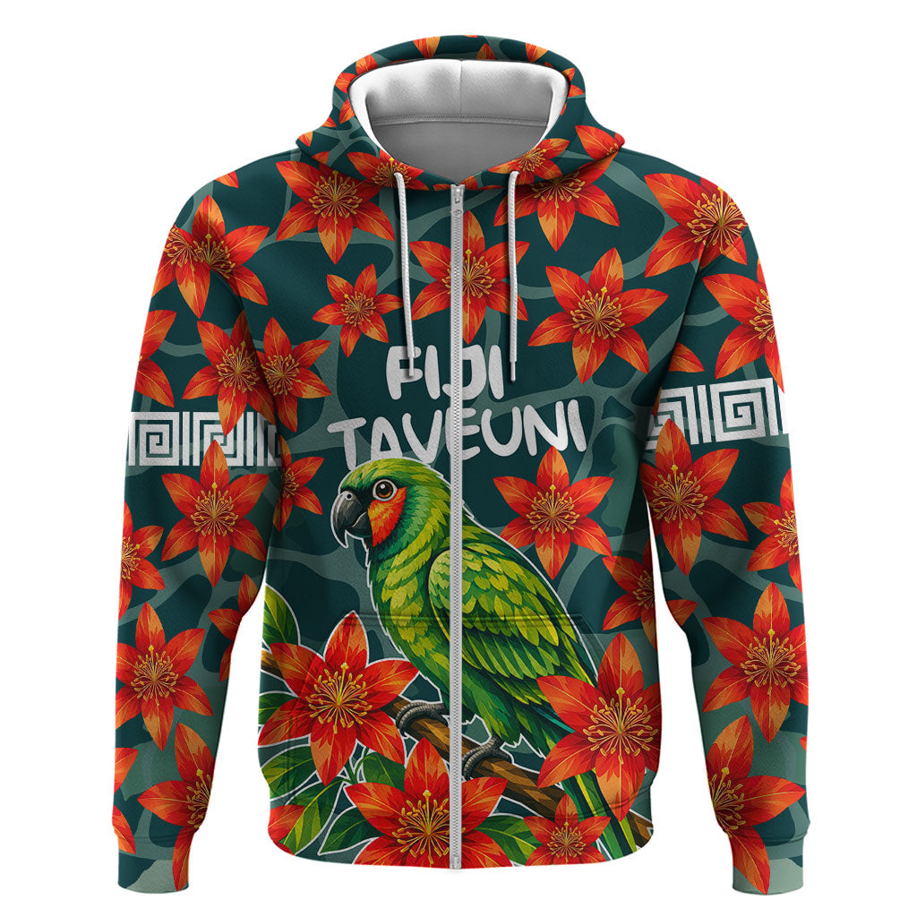 Fiji Taveuni Parrot Hoodie Tropical Waterfall Landscape With Floral Tribal Pattern TS04 Zip Hoodie Green Orange - Polynesian Pride