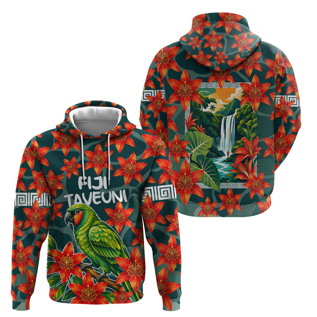 Fiji Taveuni Parrot Hoodie Tropical Waterfall Landscape With Floral Tribal Pattern TS04 - Polynesian Pride