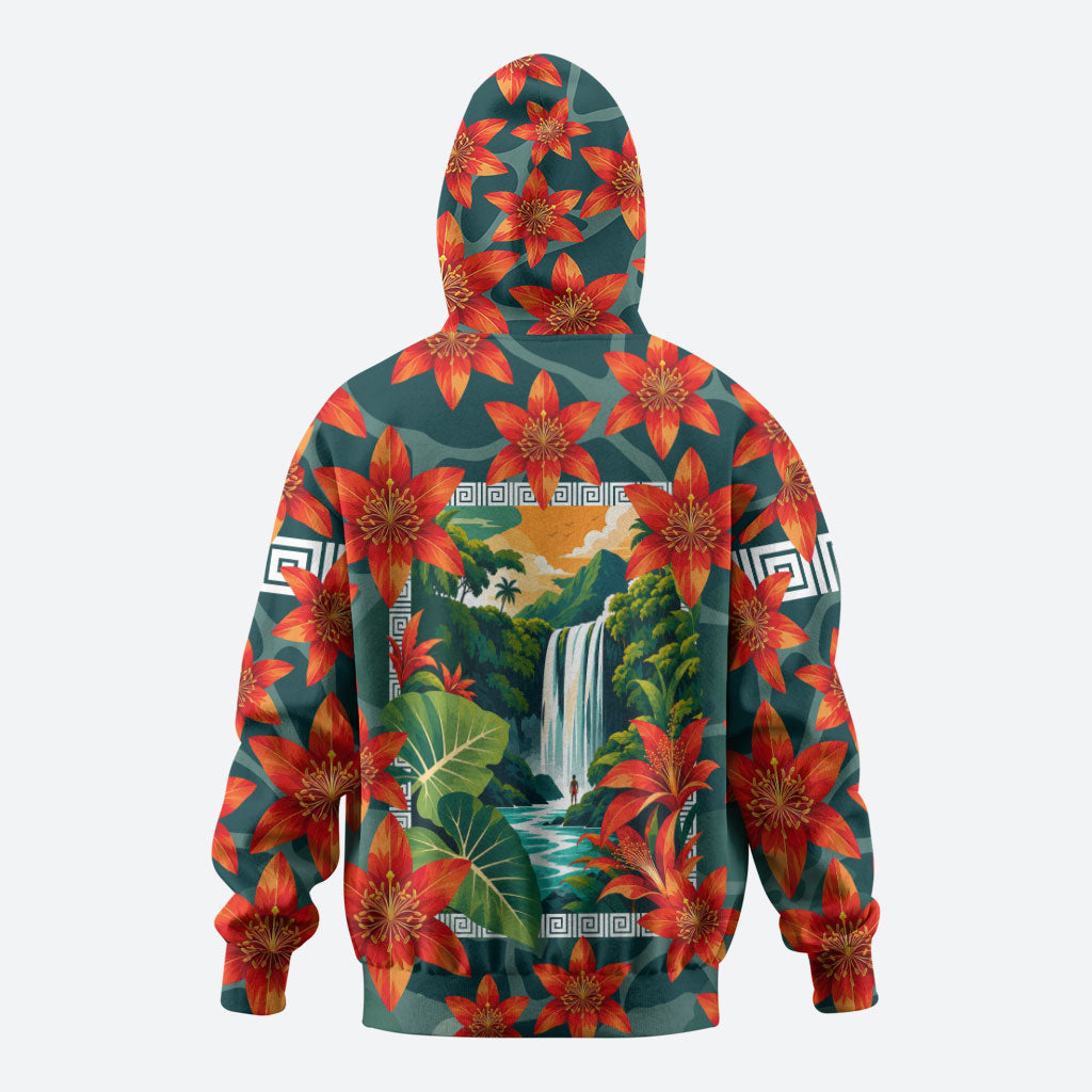 Fiji Taveuni Parrot Hoodie Tropical Waterfall Landscape With Floral Tribal Pattern TS04 - Polynesian Pride