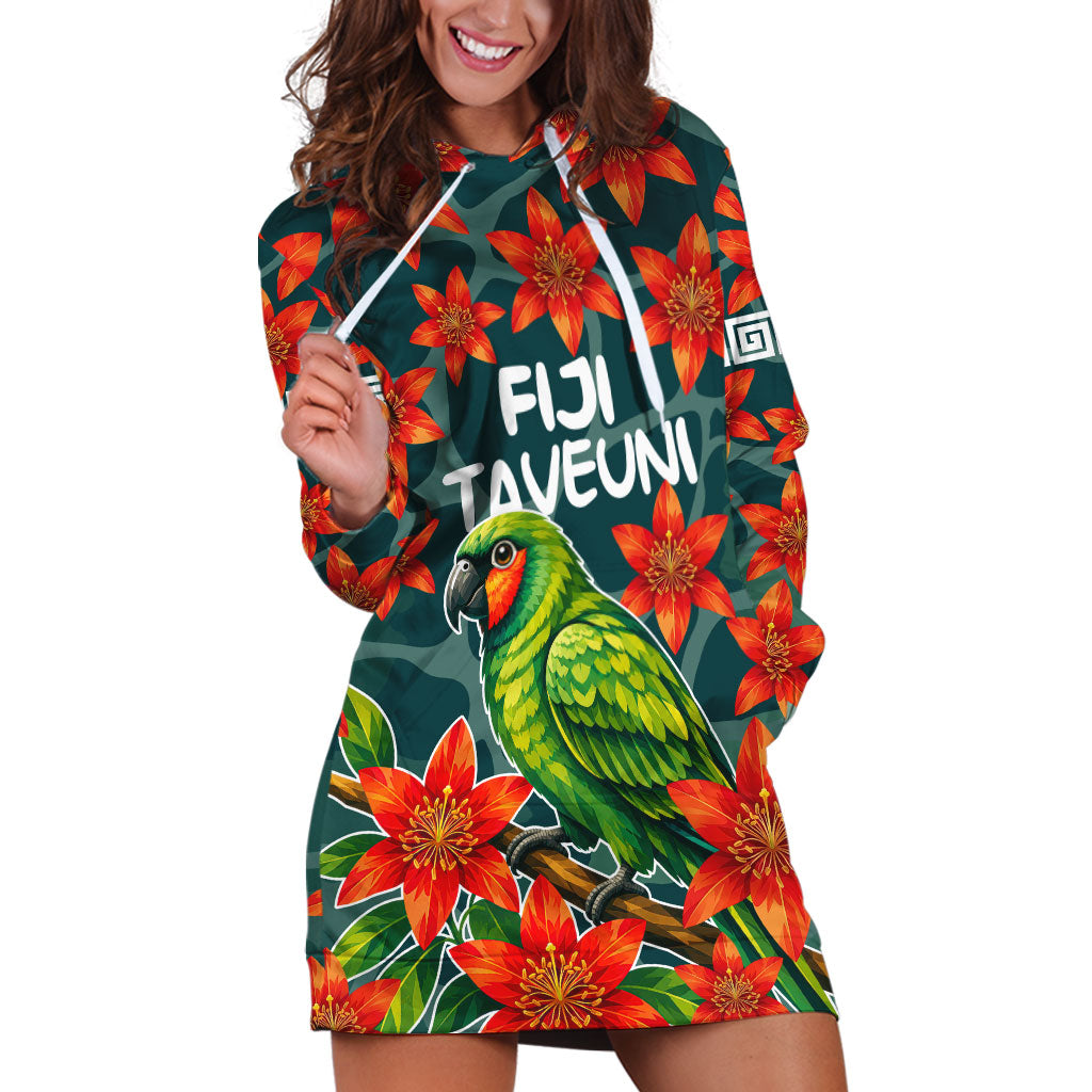 Fiji Taveuni Parrot Hoodie Dress Tropical Waterfall Landscape With Floral Tribal Pattern TS04 Green Orange - Polynesian Pride