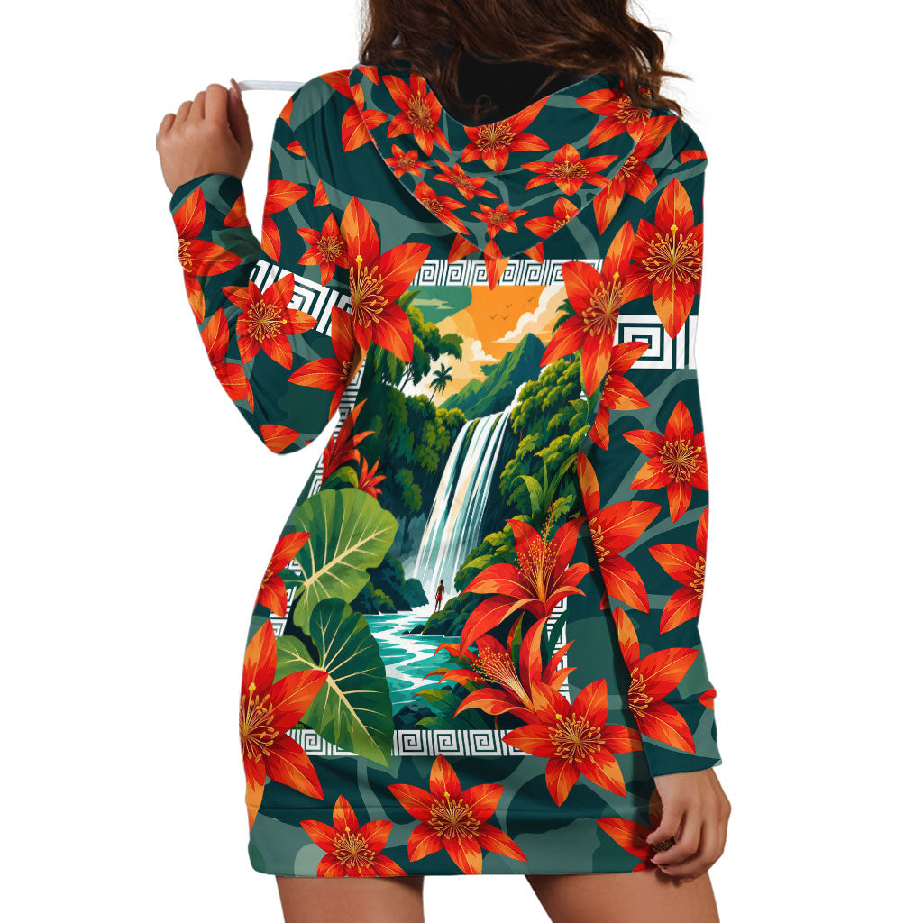 Fiji Taveuni Parrot Hoodie Dress Tropical Waterfall Landscape With Floral Tribal Pattern TS04 - Polynesian Pride