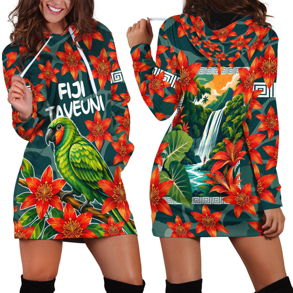Fiji Taveuni Parrot Hoodie Dress Tropical Waterfall Landscape With Floral Tribal Pattern TS04 - Polynesian Pride