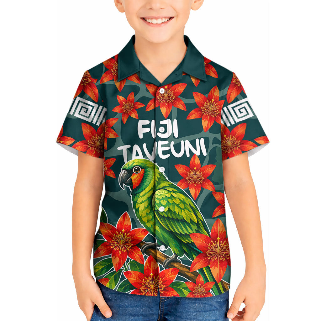 Fiji Taveuni Parrot Kid Hawaiian Shirt Tropical Waterfall Landscape With Floral Tribal Pattern TS04 Kid Green Orange - Polynesian Pride
