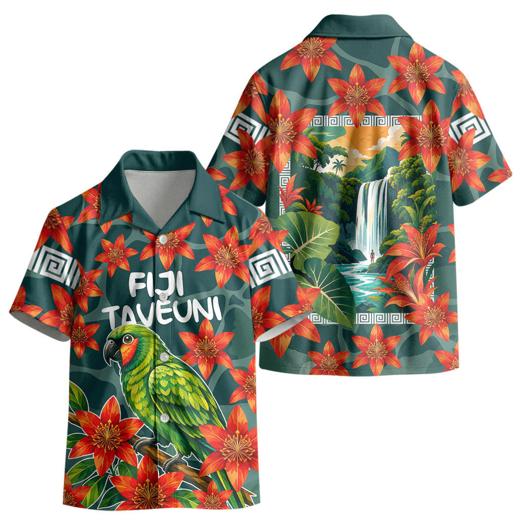Fiji Taveuni Parrot Kid Hawaiian Shirt Tropical Waterfall Landscape With Floral Tribal Pattern TS04 - Polynesian Pride