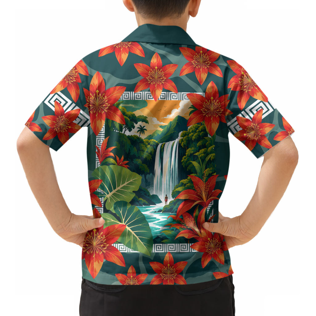 Fiji Taveuni Parrot Kid Hawaiian Shirt Tropical Waterfall Landscape With Floral Tribal Pattern TS04 - Polynesian Pride